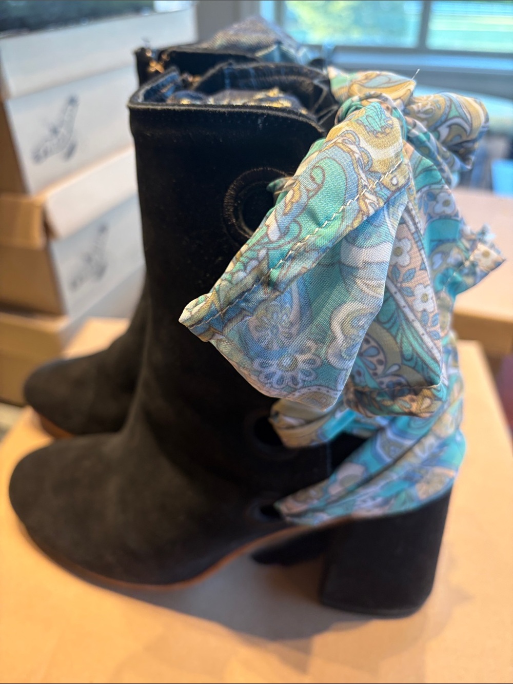 Tempo Freebird by Steven Black Suede Ankle Boots with Aqua Patterned Scarf